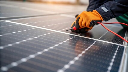 A closeup shot of a solar panels textured surface with a workers gloved hand preparing to connect electrical wires illustrating the intricate details of the setup and the focus on