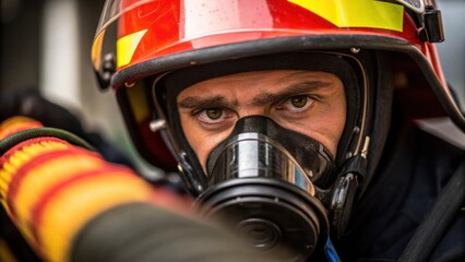 Poster - A closeup shot of a workers face showing determination and concentration while wearing a full mask as he practices with a fire hose the vivid colors of the equipment contrasting