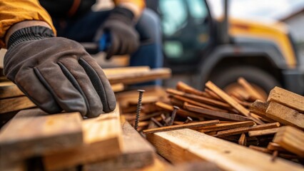 Poster - A closeup shot of a workers gloved hands sorting through a pile of discarded wood planks and nails showcasing the texture of the wood and the steering wheel of a nearby