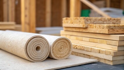 Aufkleber - A closeup shot of ecofriendly materials like recycled wood and insulation being prepared for use emphasizing sustainable practices in the construction of affordable housing.