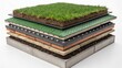 © DigitalSpace - A closeup showing the layers of the green roof system with visible drainage materials soil and plant life illustrating the complexity and design of sustainable architecture.