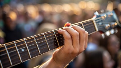 Aufkleber - A closeup shot of the fingertips of a street guitarist gliding over the strings with a blurred crowd in the background showcasing the intimate connection between the musician and