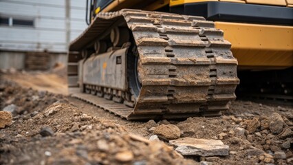 Aufkleber - A closeup shot of the treads of an autonomous bulldozer deeply embedded in earth and stone emphasizing the rugged texture and durability of its design while construction debris