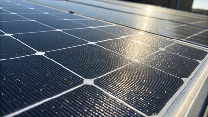 Aufkleber - A closeup shot of the textured surface of a solar panel with sunlight reflecting off its photovoltaic cells and the surrounding protective edge framing the panel.