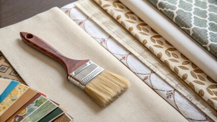 Aufkleber - A closeup showcasing a paintstained brush resting on a drop cloth surrounded by wallpaper samples illustrating the preparatory stage of the wallpapering process.