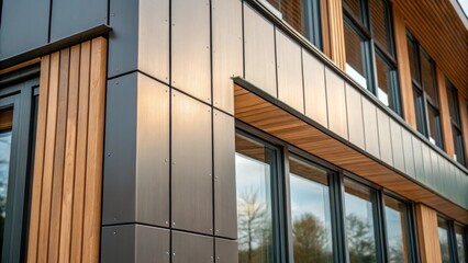 Aufkleber - A closeup shot that captures the textured materials used on the buildings facade including metal panels glass surfaces and wooden accents conveying a blend of modernity and warmth