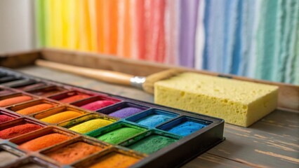 Aufkleber - A closeup view of a painters palette filled with a spectrum of colors lively mixes and a halfused sponge. An outoffocus brushstroke on the wall hints at the transition from design