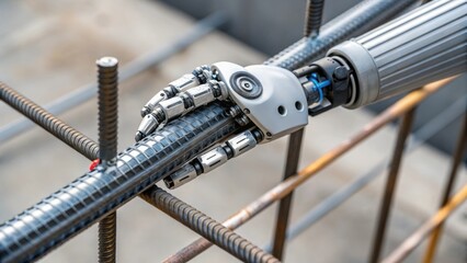 Aufkleber - A closeup view of a robotic hand gripping a steel rod showcasing intricate mechanics and sensors ready to position the rod for reinforcement in a concrete structure.