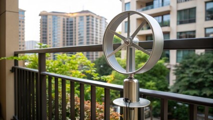 Aufkleber - A closeup view of a verticalaxis wind turbine attached to the balcony railing of an apartment complex its metallic structure gleaming against the backdrop of urban greenery