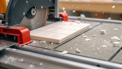 Fototapete - A closeup view of a tile ter in action with the sharp blade slicing through a ceramic tile fragments of the tile tering around the workspace illustrating the precision required for