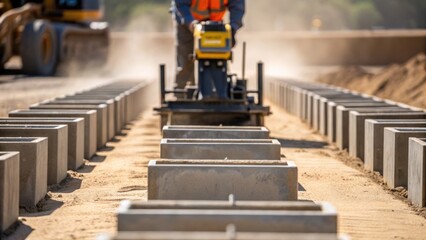 Poster - A closeup view of concrete forms being filled with cement for the foundation of a highspeed rail embankment with a worker using a y plate compactor.