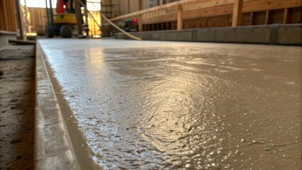 Aufkleber - A closeup view of the curing process where freshly applied shotcrete glistens under the light exhibiting a slight sheen and the early signs of a hardened finish.