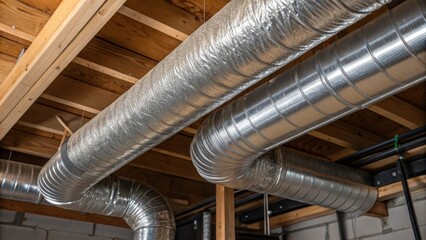 Poster - A closeup view of the ductwork connecting a geothermal heat pumps indoor unit with insulation materials and seamless joints forming an efficient network for air distribution.