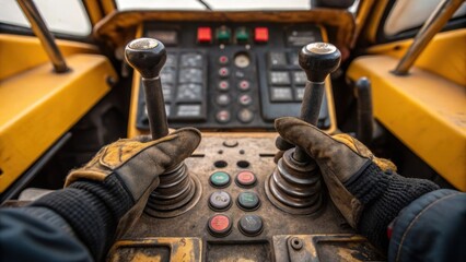 Aufkleber - A closeup view of the excavators cab controls showcasing the intricate dials and levers worn from use with the operators gloved hands expertly navigating the machinery.