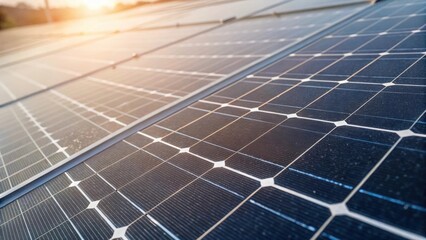 Aufkleber - A closeup view reveals the intricate texture of a solar panels surface with minute photovoltaic cells arranged in a grid. The sunlight dances across the glass top highlighting the