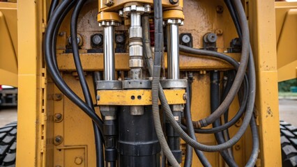 Poster - A detailed closeup of the hydraulic mechanism within the pile driver showing the intricate components and hoses that manage the force required to drive the piles deep into the