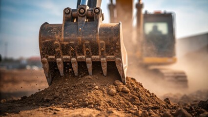 Poster - A detailed closeup of the excavators bucket as it lowers into the ground showcasing the sharp teeth gripping a clump of soil. Dust particles float in the air catching the light