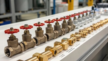 Poster - A detailed image of a series of valves and fittings arranged neatly on a workbench highlighting the different sizes and shapes of plumbing hardware ready for installation.