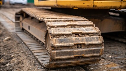 Poster - A detailed medium closeup of the tracks of an excavator focusing on the wear patterns and scratches that tell the story of its heavy use on construction sites.