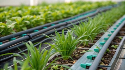 Poster - A detailed look at a green roofs irrigation system featuring efficient drip lines nestled a the plants promoting sustainability. The image focuses on the integration of technology