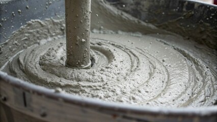 Poster - A detailed shot of a concrete mixer spinning with droplets and splashes capturing the texture of fresh concrete illustrating the raw materials that form the backbone of the