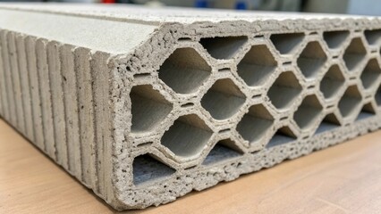 Aufkleber - A detailed shot highlighting the crosssection of a 3Dprinted concrete block revealing internal honeycomb structures designed for insulation and lightweight strength. The edges