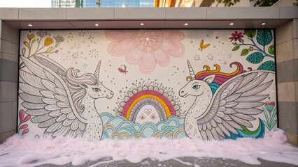 Aufkleber - A detailed shot captures a delicate mural of whimsical creatures featuring intricate line work and vibrant colors surrounded by soft splashes that suggest a dreamlike quality amid