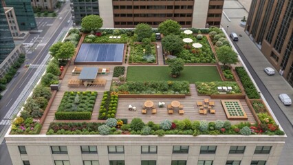 Poster - A detailed view of the rooftop garden on the architectural model showcasing various plants seating arrangements and amenities that promote sustainability and communal space in a