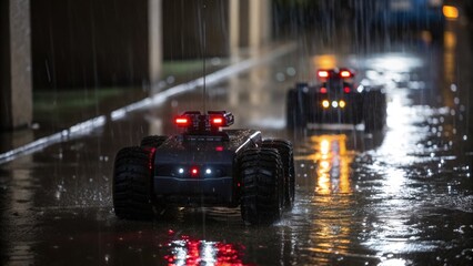 Aufkleber - A dramatic closeup of the climbing robots LED navigation lights shining brightly casting reflections on a rainsoaked surface as it ascends a vertical column. The wet environment