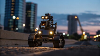 Aufkleber - A medium closeup capturing a climbing robot at dusk illuminated by its integrated lights as it performs an inspection with urban construction outlines blurred in the background.