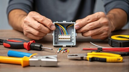Aufkleber - A medium closeup featuring the hands of an electrician fastening wires into a junction box with various electrical tools tered around the workspace.