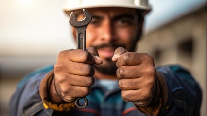 Poster - A medium closeup focuses on the workers hands gripping a tool with calloused fingers indicating years of experience his face partially shadowed but filled with a quiet confidence