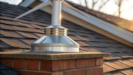 Aufkleber - A medium closeup focusing on the base of a small wind turbine affixed to a residential rooftop with brickwork and sunlight reflecting off the metal highlighting craftsmanship and