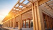 © DigitalSpace - A medium closeup image showing a partially constructed building made with CLT with sunlight filtering through the framework. The warm tones of the timber contrast with the cool