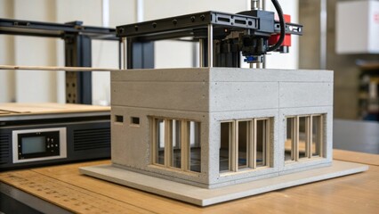 Aufkleber - A medium closeup image of a scaled model next to a 3D printer illustrating the architectural design of an innovative concrete structure with highlighted areas indicating features