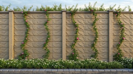 Fototapete - A medium closeup of a barrier wall with a textured surface featuring small flowering plants and vines growing along the edges illustrating an ecofriendly approach to noise control