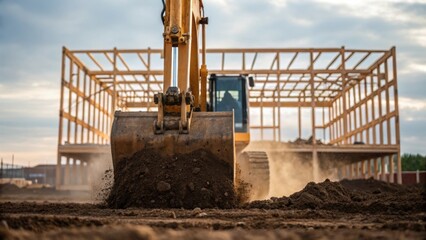 Aufkleber - A medium closeup of a backhoe digging into the earth with dirt spraying in the air. In the background the skeletal framework of a school begins to take shape emphasizing the