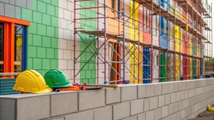 Poster - A medium closeup image showcasing a partially completed exterior wall of an affordable housing unit revealing vibrant scaffolding and colorful safety gear tered around indicating a