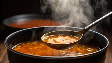 Aufkleber - A medium closeup of a bubbling pot of soup being ladled into a bowl steam rising enticingly from the hot liquid capturing the warmth and comfort of the food provided on a chilly