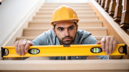 Fototapete - A medium closeup of a carpenters face concentrated while holding a level against a freshly installed stair riser reflecting the importance of precision in staircase installation.