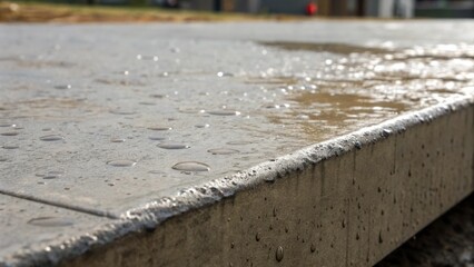Poster - A medium closeup of a concrete slab with droplets of water glistening on its surface showcasing the texture and subtle variations as the finishing process is underway.