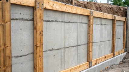 Poster - A medium closeup of a concrete wall as formwork is away illustrating the stark contrast between the rough wooden frame and the uniform smooth surface of the cured concrete with