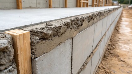 Aufkleber - A medium closeup of a concrete wall with formwork partially removed revealing the smooth cured surface underneath while chunks of the formwork remain attached highlighting the