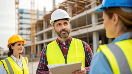 Aufkleber - A medium closeup of a construction manager discussing progress with a team onsite with halffinished structures and safety gear visible illustrating teamwork in a large development