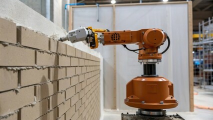 Aufkleber - A medium closeup of a construction robot applying mortar to a wall with close attention to the smooth flow of material being deposited illustrating the robots ability to replicate