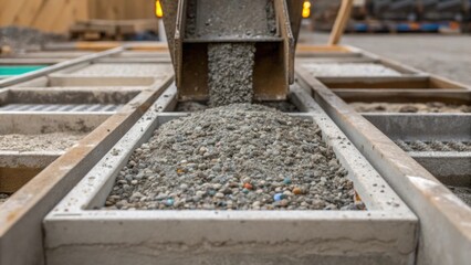 Aufkleber - A medium closeup of a construction site focusing on a mix of fresh concrete being poured into molds with visible aggregates made from crushed recycled glass and stone emphasizing
