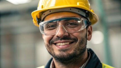 Poster - A medium closeup of a construction workers face beaming with pride framed by a hard hat and safety goggles reflecting determination and satisfaction in their achievements.