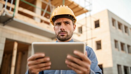 Aufkleber - A medium closeup of a construction worker with a hard hat listening intently as an architect presents ideas using a tablet. The workers focused expression conveys the seriousness