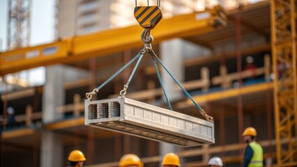 Aufkleber - A medium closeup of a crane lifting a prefabricated section into place capturing the dynamic movement and scale of construction in progress.