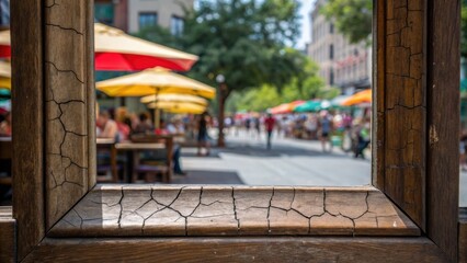 Aufkleber - A medium closeup of a cracked window frame highlighting the weathered wood while revealing a lively street scene below filled with pedestrians and cafÃ© tables under colorful